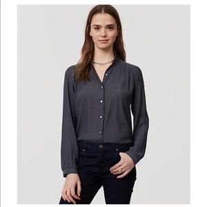 LOFT Ruffle Neck Grey Chiffon Button Down Blouse